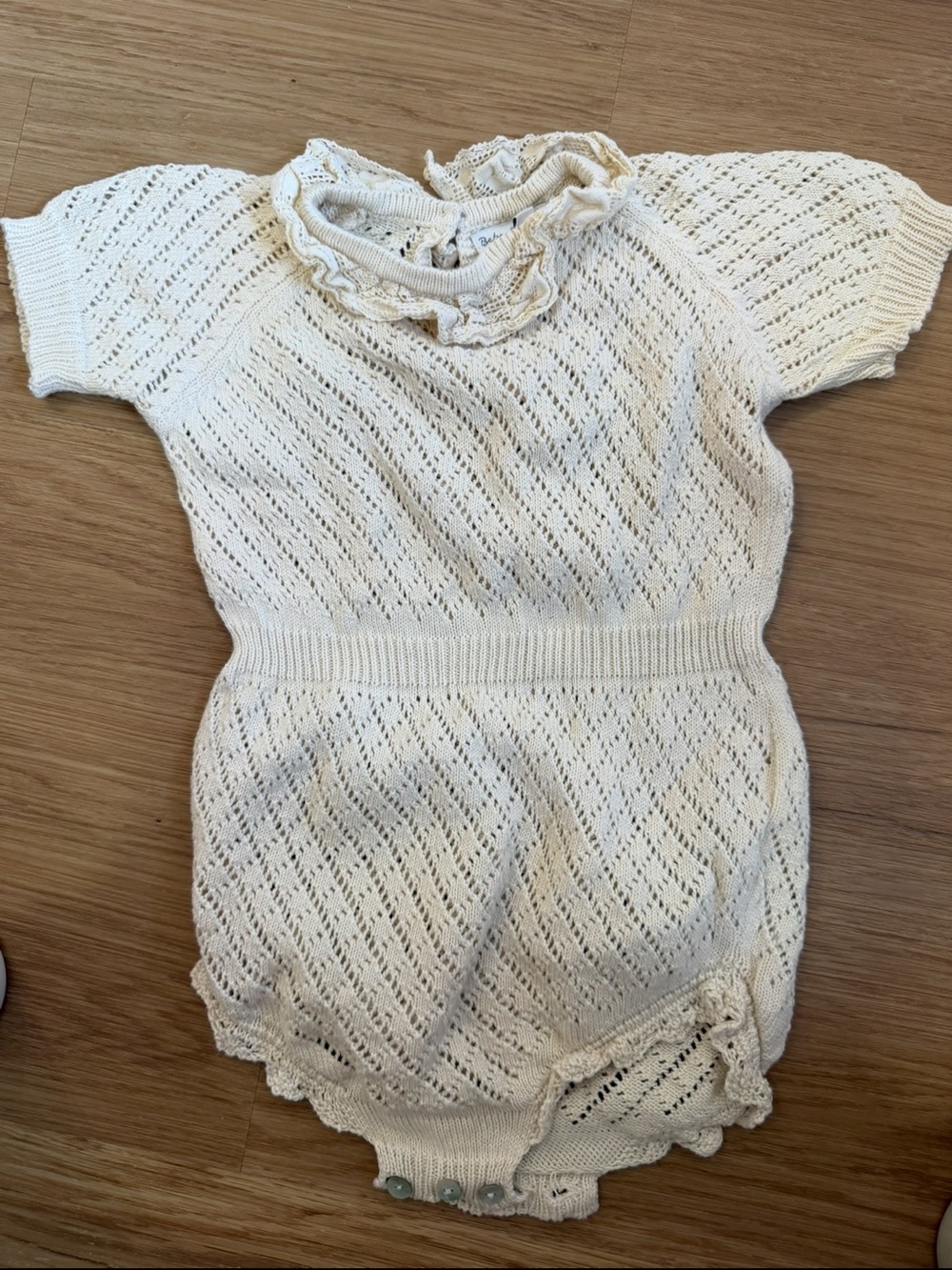 Kids Cream Knit One-Piece Romper with Ruffle Collar
